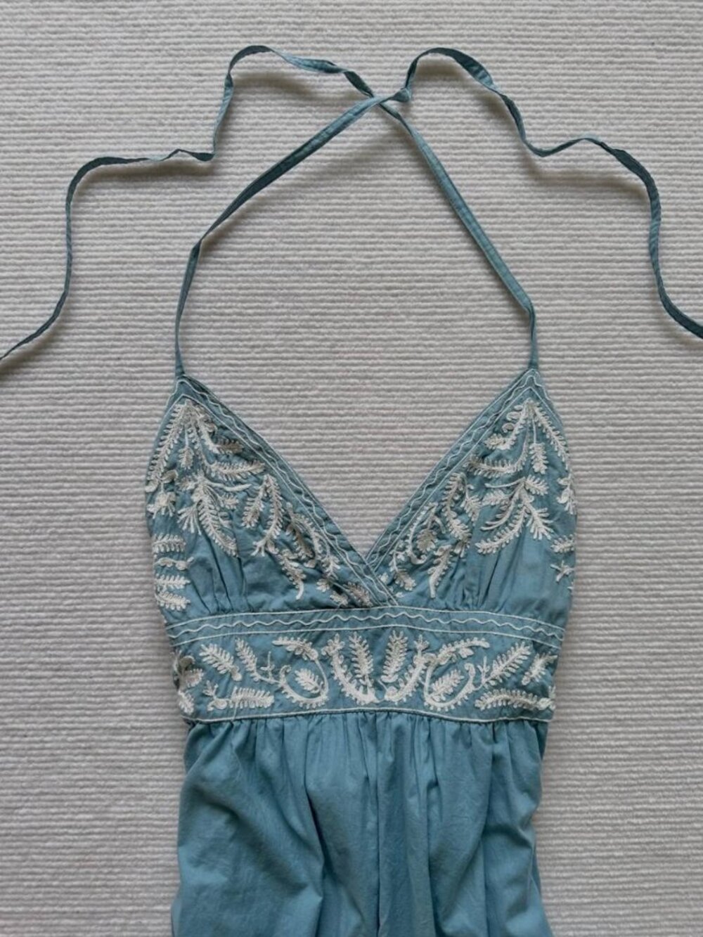 Vintage Teal Blue Embroidered Halter Maxi Dress Floral Boho Summer Beach Dress - Picture 3 of 6